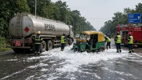 সিলেট মহাসড়কে ট্যাংকার দুর্ঘটনার পর উদ্ধারকর্মী